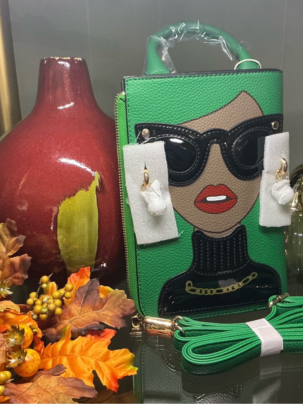 Green Novelty Crossbody Bag with Stylish Face Design